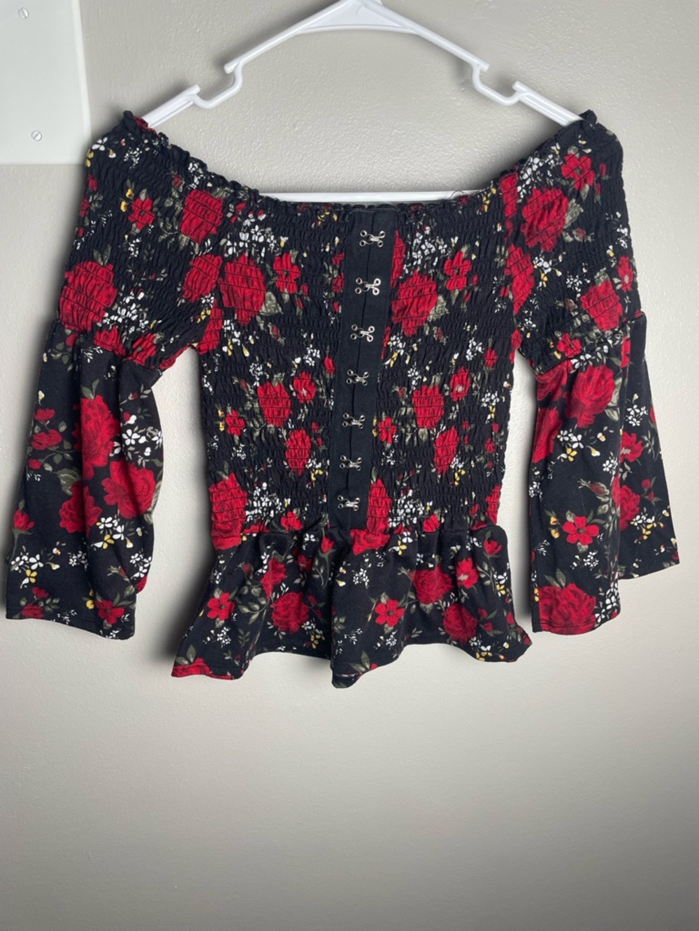 Almost Famous Black Off-Shoulder Floral Corset Smocked Top with Red Roses